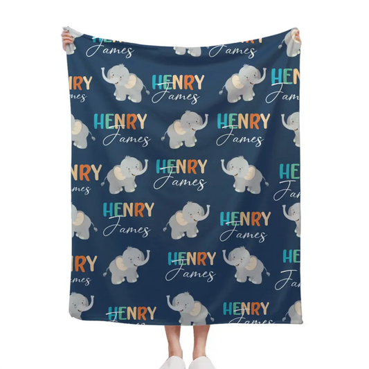 Boy Personalized Elephant Baby Blanket, Custom Name Gift for Kids