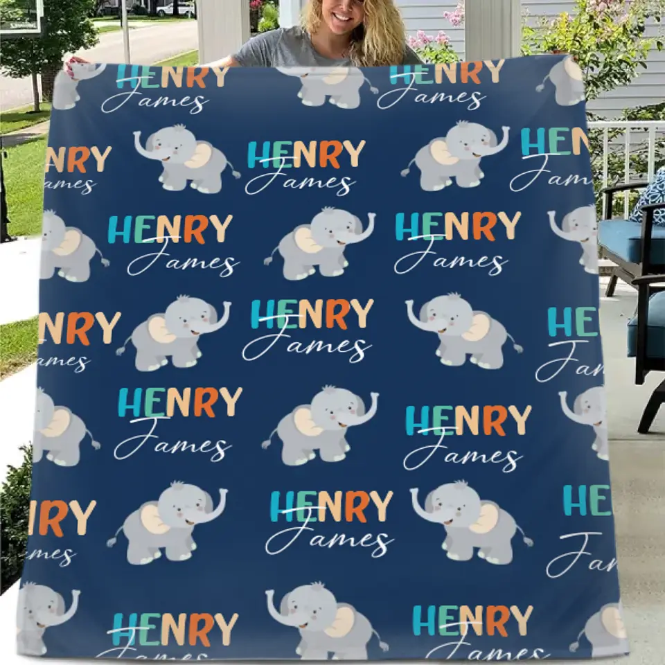 Boy Personalized Elephant Baby Blanket, Custom Name Gift for Kids