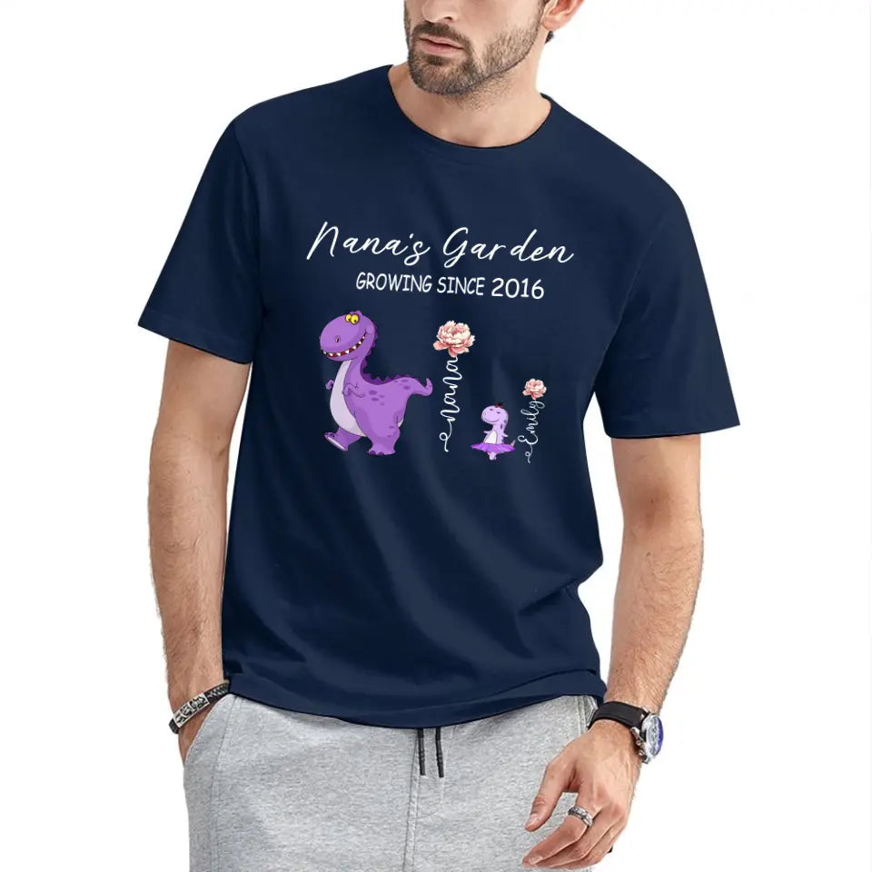 Nana's Garden T-shirt - Customized Name Dinosaur Month Flowers