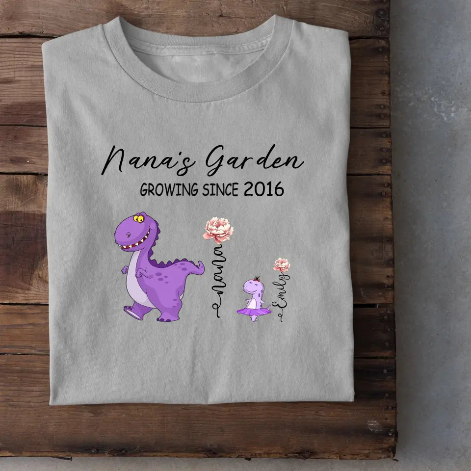 Nana's Garden T-shirt - Customized Name Dinosaur Month Flowers