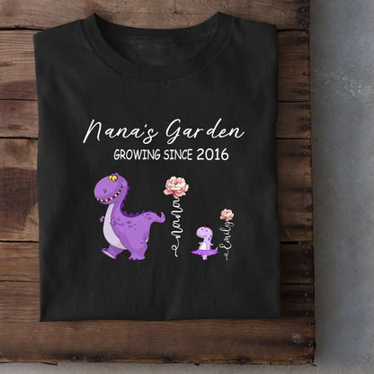 Nana's Garden T-shirt - Customized Name Dinosaur Month Flowers