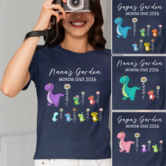 Nana's Garden T-shirt - Customized Name Dinosaur Month Flowers