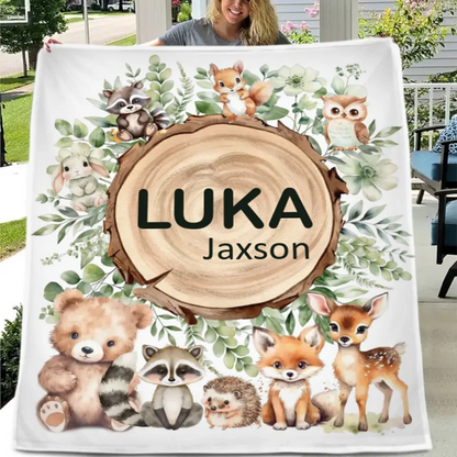 Woodland Stump Announcement Small Animal Friends Baby Name Blanket - Forest Animals Bear Fox Raccoon Deer