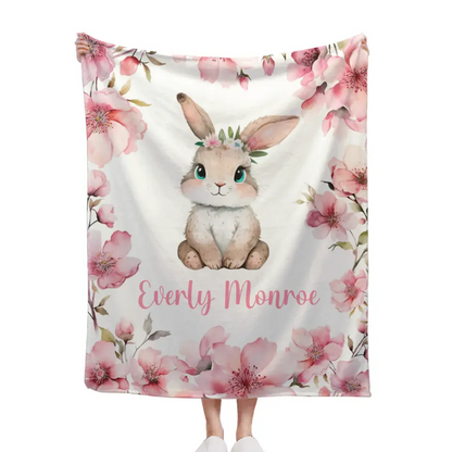 Personalized Baby Girl Name Blanket, Pink Cherry Blossom Rabbit