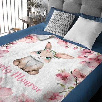 Personalized Baby Girl Name Blanket, Pink Cherry Blossom Rabbit