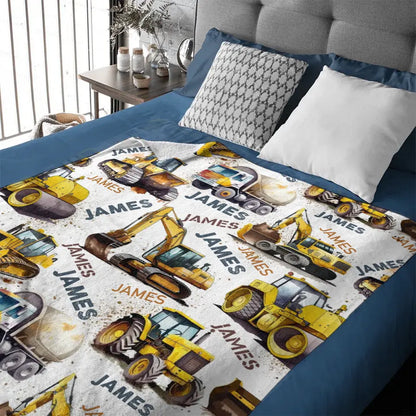 Personalized Construction Truck Blanket, Custom Kids Blanket With Name