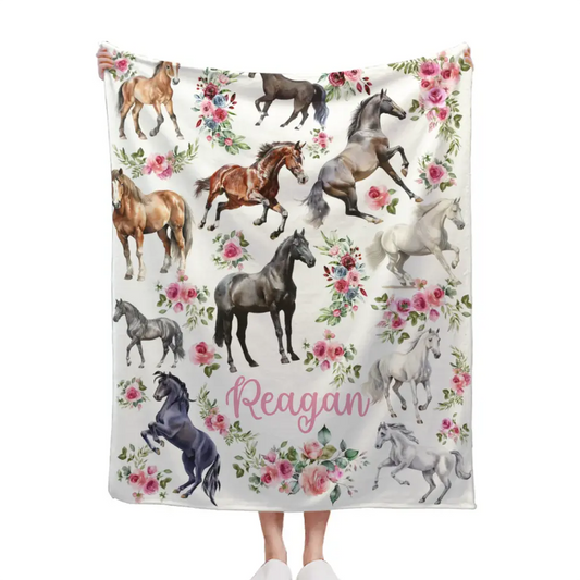 Personalized Baby Blanket - Floral Horse - Customized Name Blanket