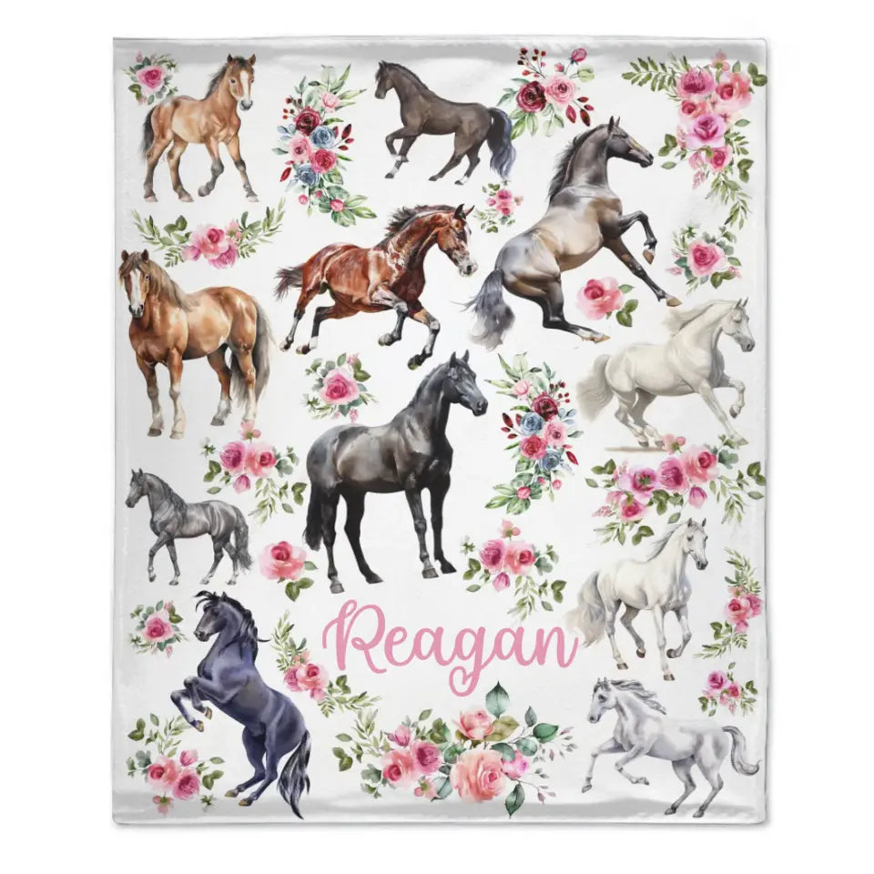 Personalized Baby Blanket - Floral Horse - Customized Name Blanket