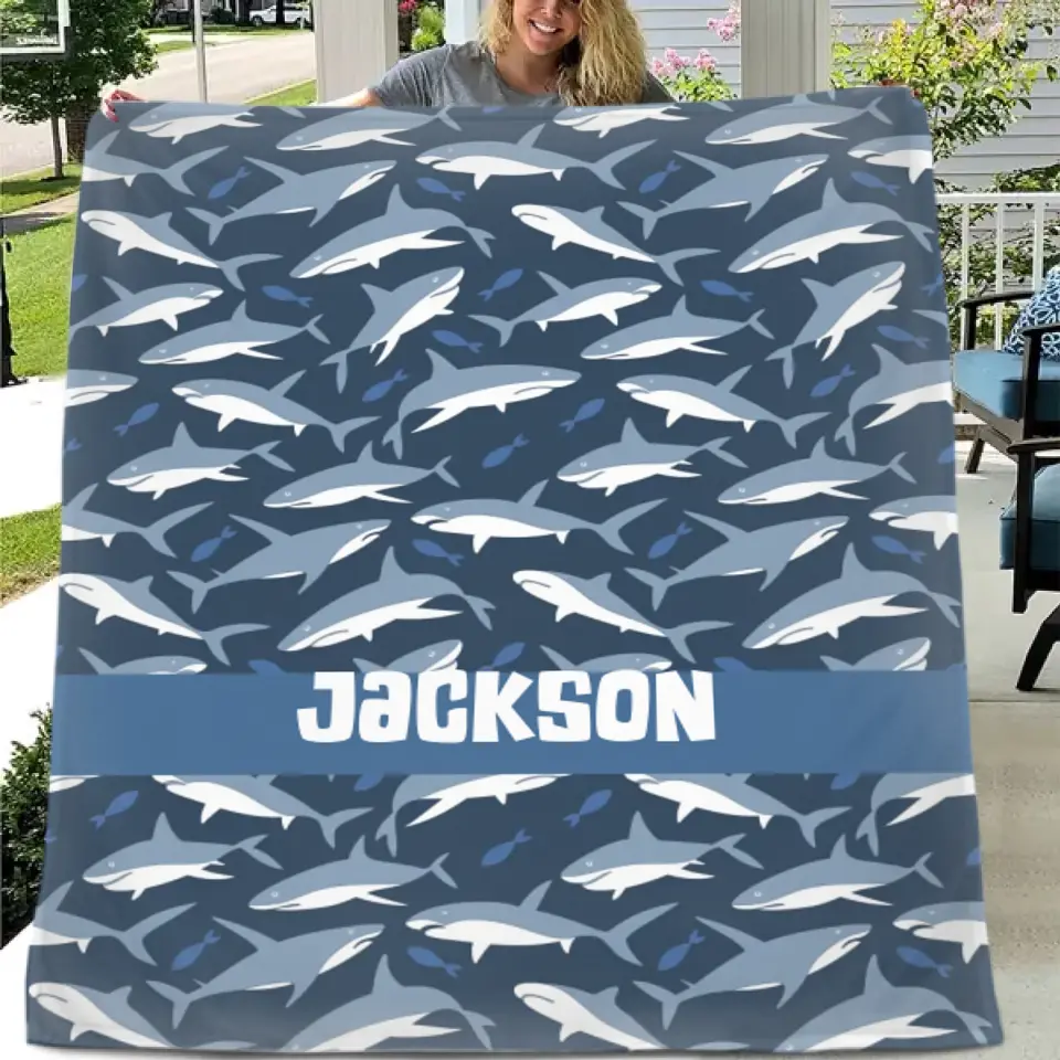 Nautical Shark Theme Personalized Name Custom Blanket - Gift For Children