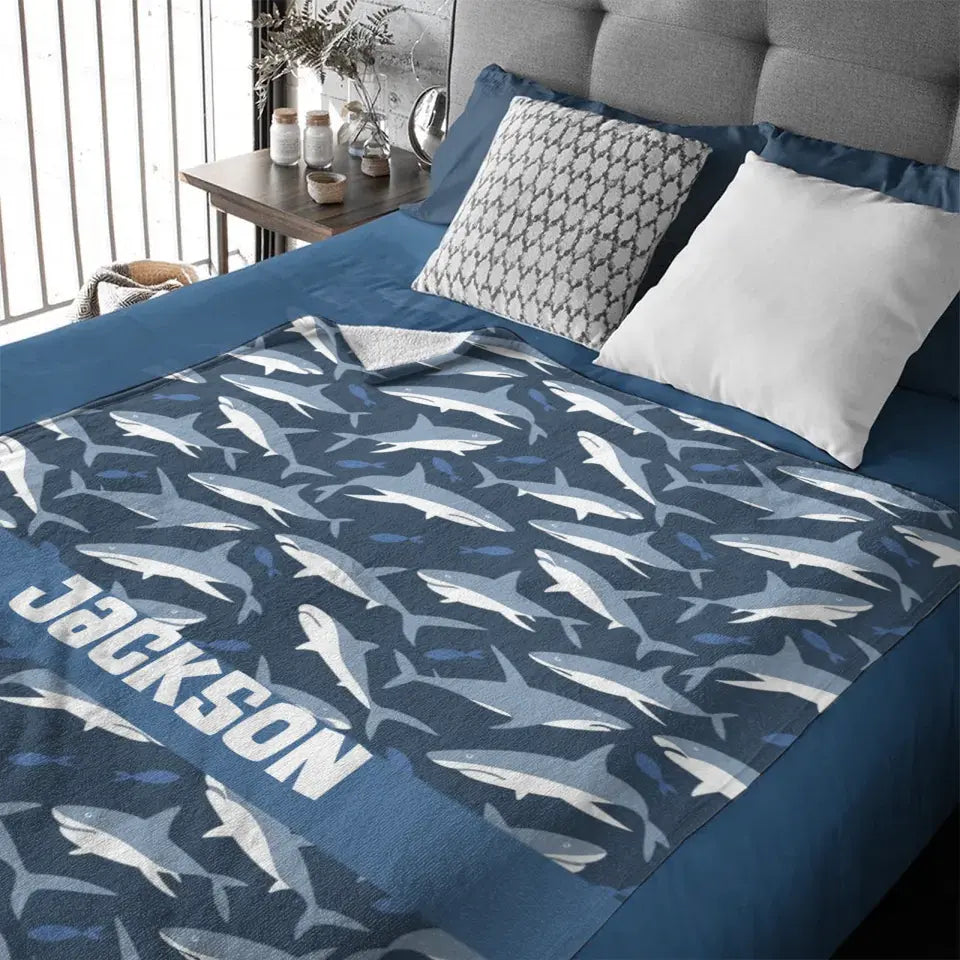 Nautical Shark Theme Personalized Name Custom Blanket - Gift For Children