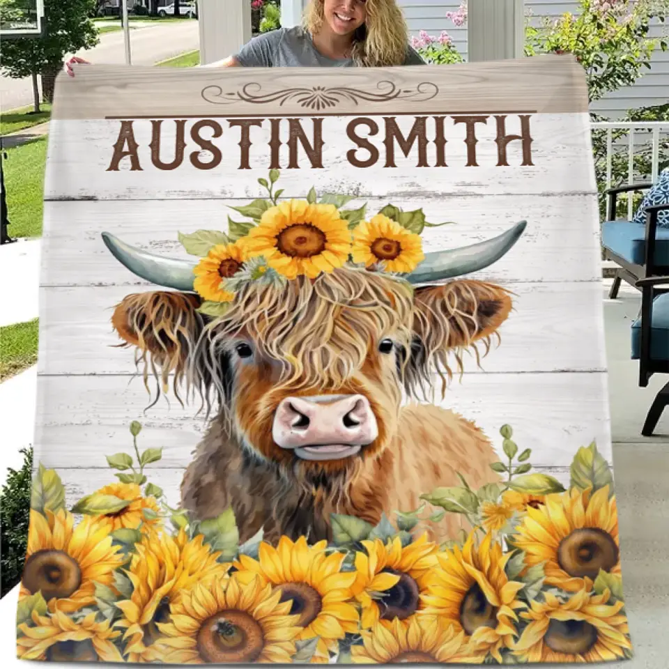 Personalized Name Sunflower Highland Cow Blanket - Gift For Baby Child Family Member