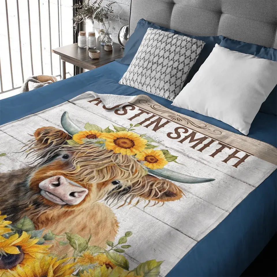 Personalized Name Sunflower Highland Cow Blanket - Gift For Baby Child Family Member