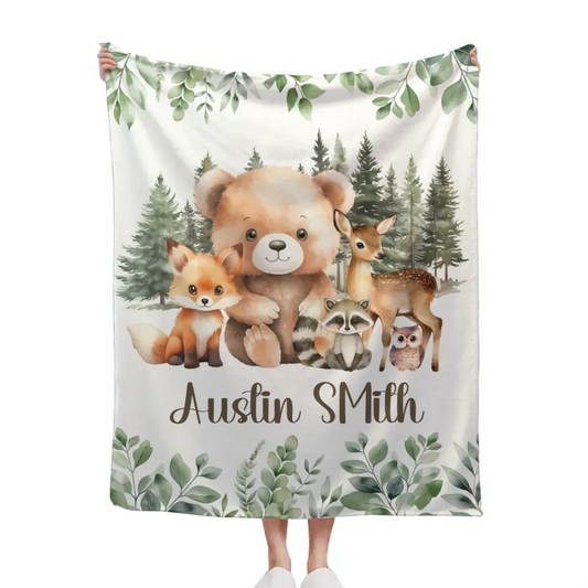 Personalized Woodland Animal Name Baby Blanket for Boys