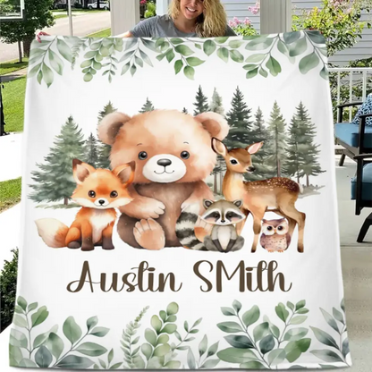 Personalized Woodland Animal Name Baby Blanket for Boys