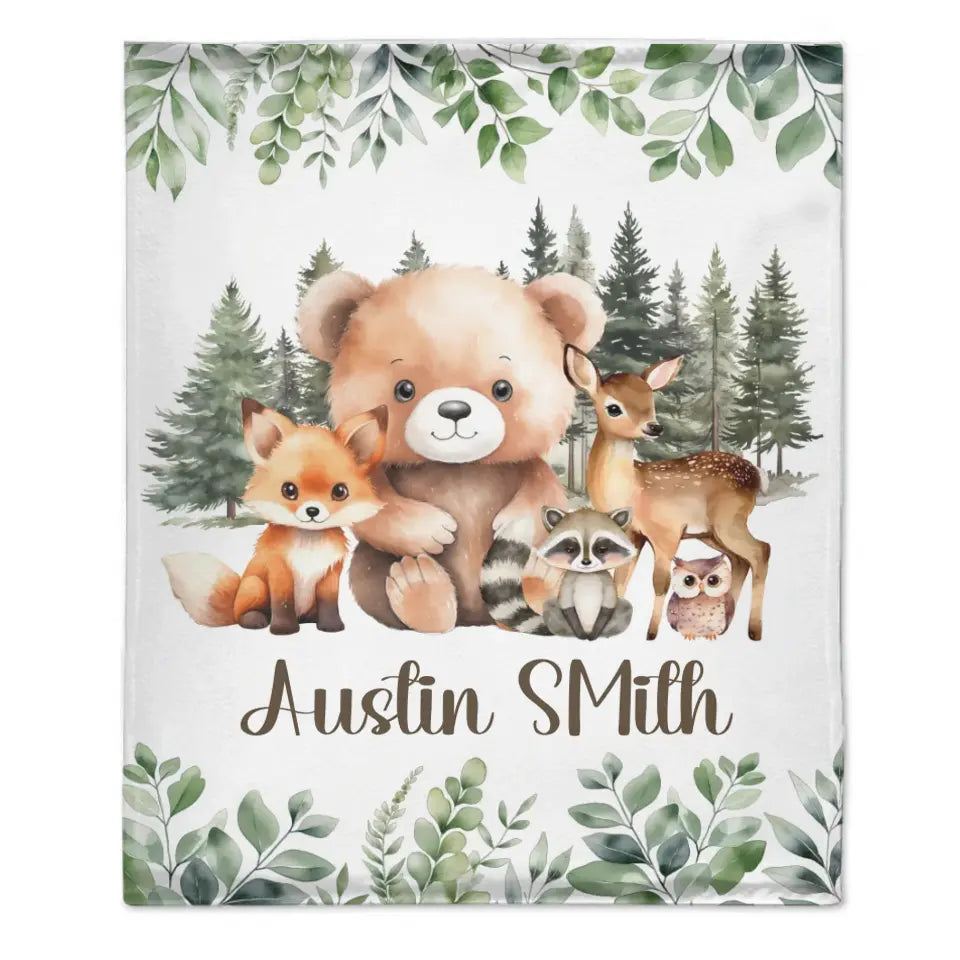 Personalized Woodland Animal Name Baby Blanket for Boys