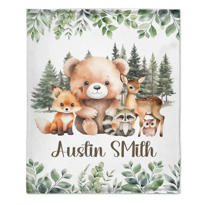 Personalized Woodland Animal Name Baby Blanket for Boys