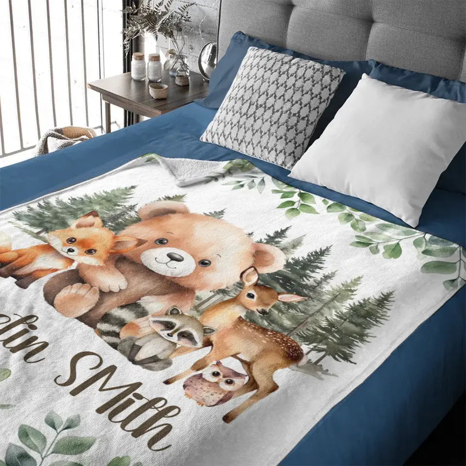 Personalized Woodland Animal Name Baby Blanket for Boys