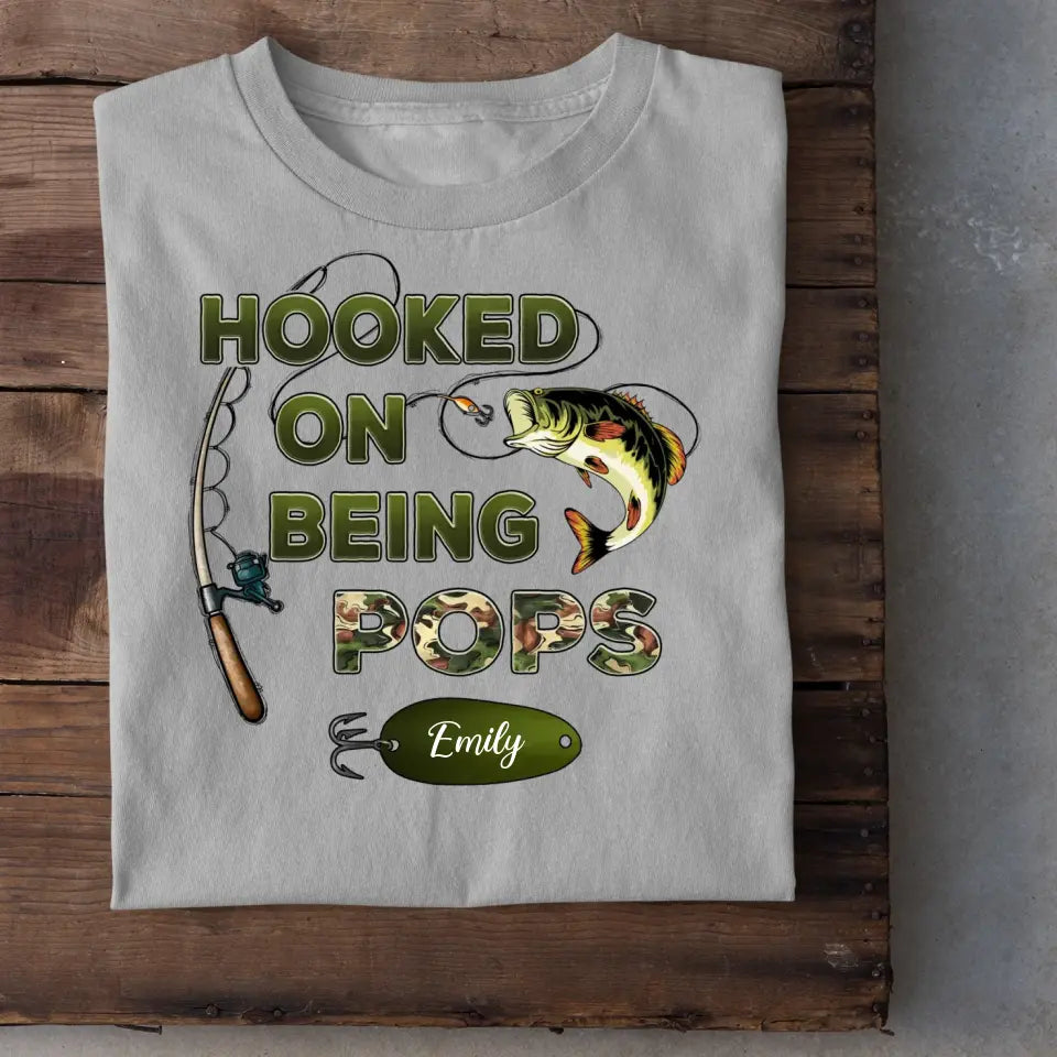 Hooked On Being Grandpa Fishing Camouflage Personalized Shirt, Father's Day Gift For Grandpa, Dad, Husband