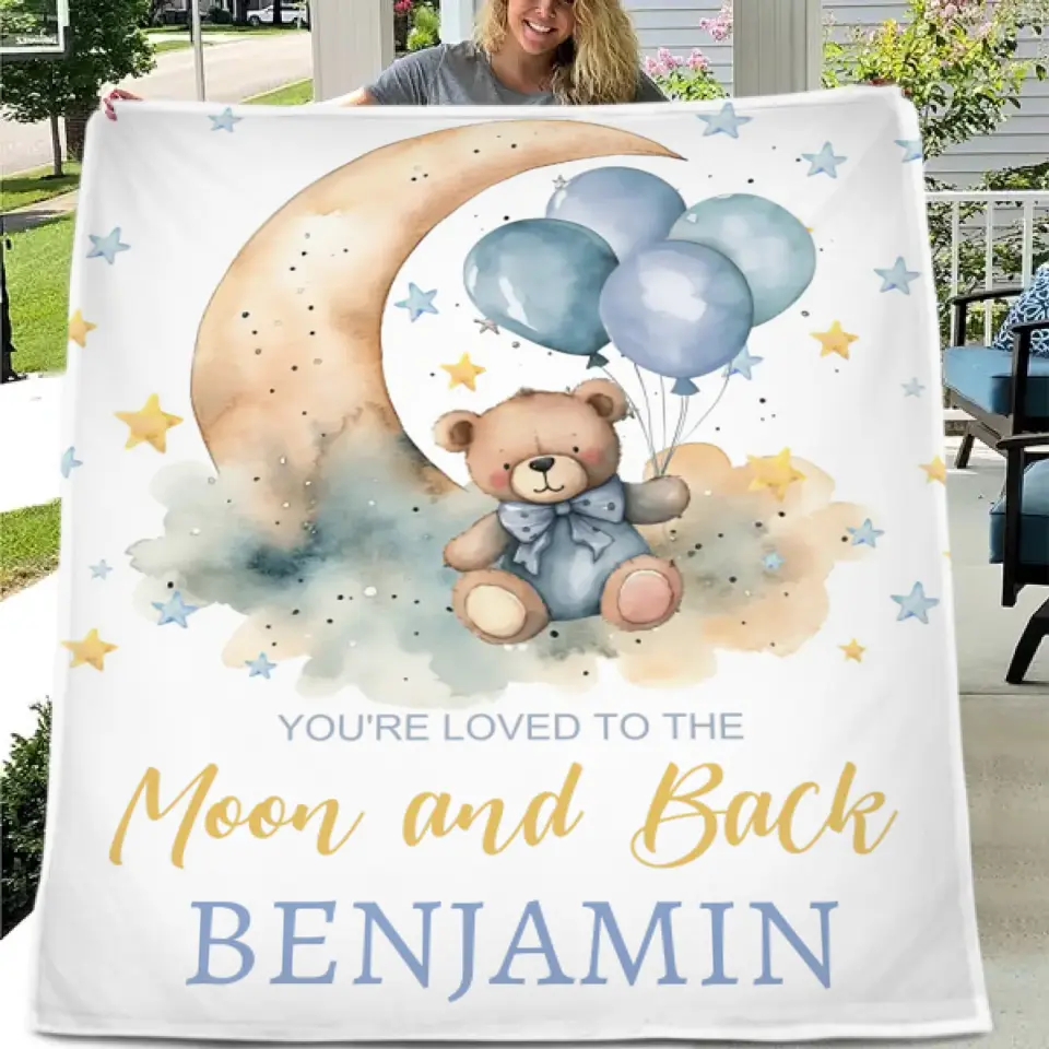 Personalized Bear Balloon Blanket, Custom Name