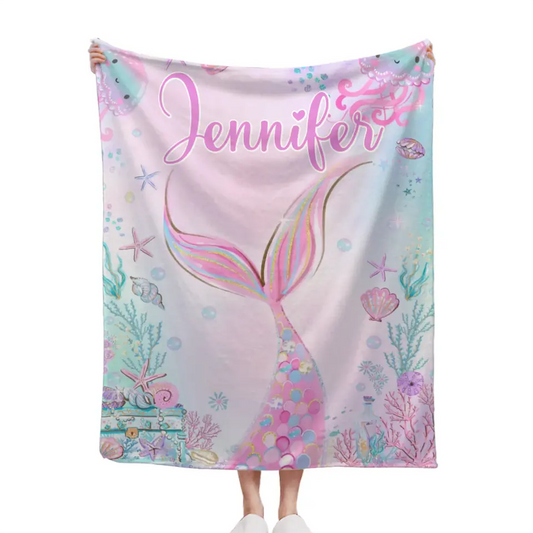 Personalized Name Mermaid Kids Blanket For Girls