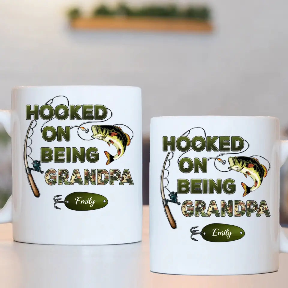 Hooked On Being Grandpa Fishing Camouflage Personalized Mug - Father's Day Gift For Grandpa, Dad, Husband