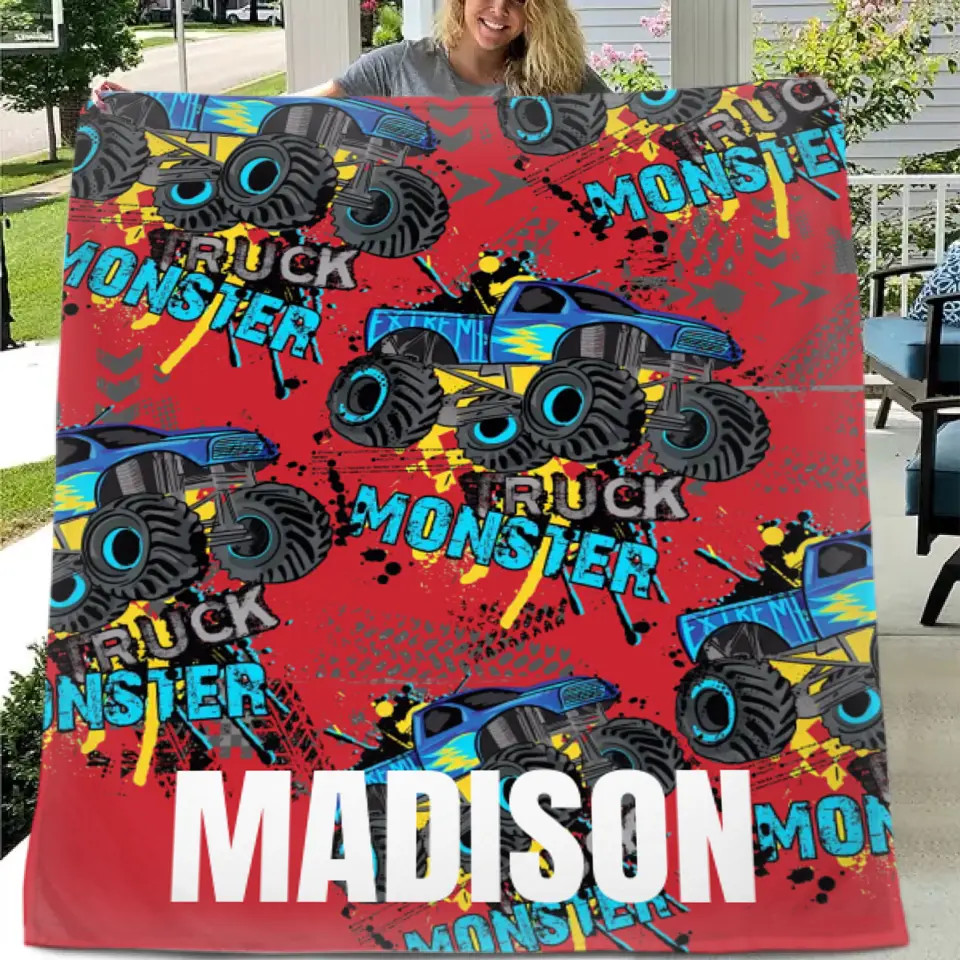 Personalized Monster Truck Name Custom Blanket, Customized Kids Birthday Gift Ideas