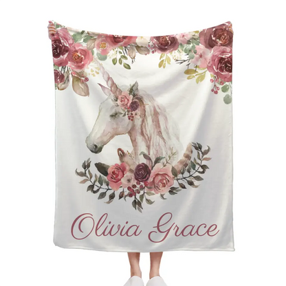 Floral Bohemian Custom Named Unicorn Blanket, Pink Floral Baby Girl Blanket