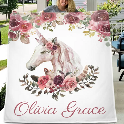 Floral Bohemian Custom Named Unicorn Blanket, Pink Floral Baby Girl Blanket