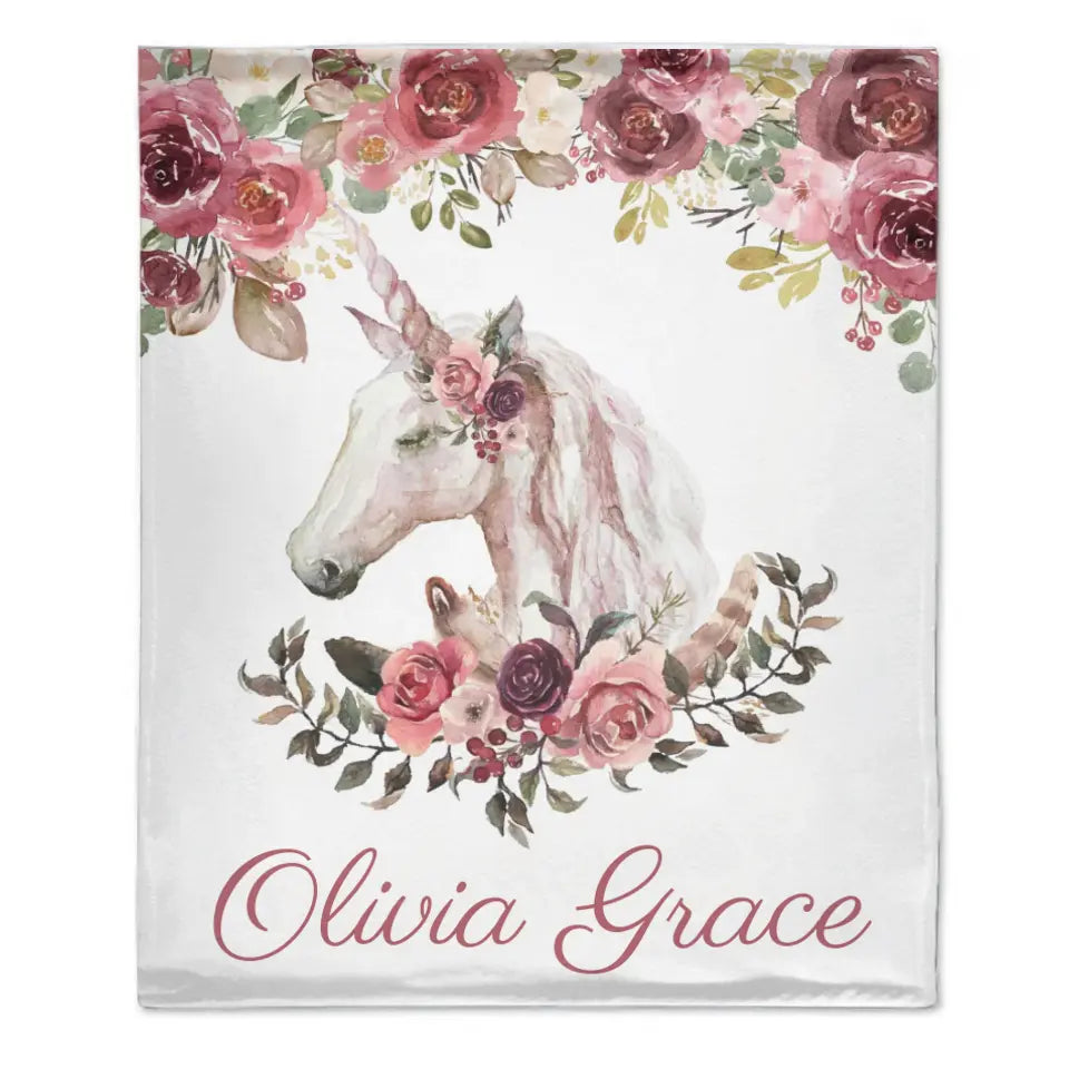 Floral Bohemian Custom Named Unicorn Blanket, Pink Floral Baby Girl Blanket