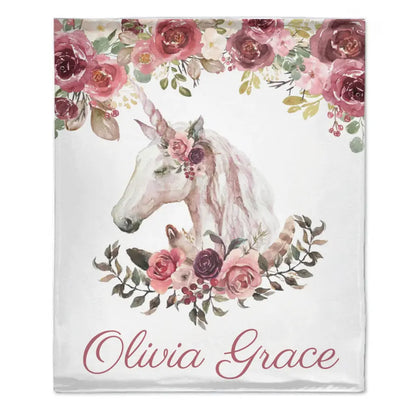 Floral Bohemian Custom Named Unicorn Blanket, Pink Floral Baby Girl Blanket