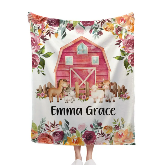 Floral Girl Farm Animal Blanket, Personalized Baby Girl Name Custom Blanket