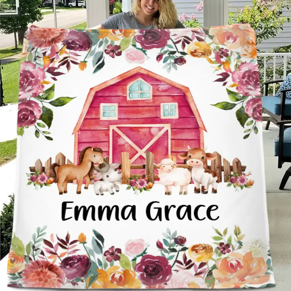 Floral Girl Farm Animal Blanket, Personalized Baby Girl Name Custom Blanket