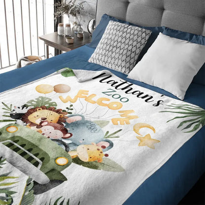 Personalized Watercolor Safari Animals Welcoming with Truck Blanket