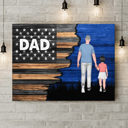 Dad Grandpa Walking With Kids, Personalized Half Nation Flag Horizontal Canvas Wall Art