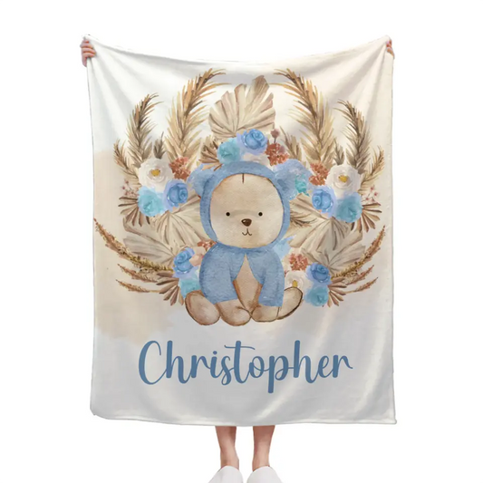 Personalized Bear Blanket With Yellow Leaves Background And Flowers