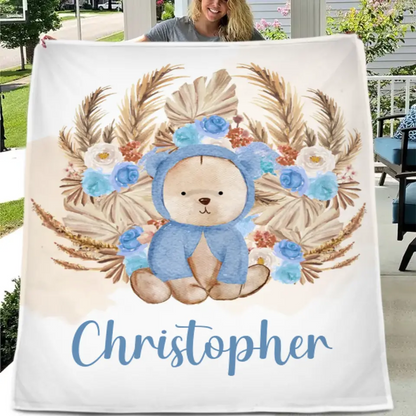 Personalized Bear Blanket With Yellow Leaves Background And Flowers
