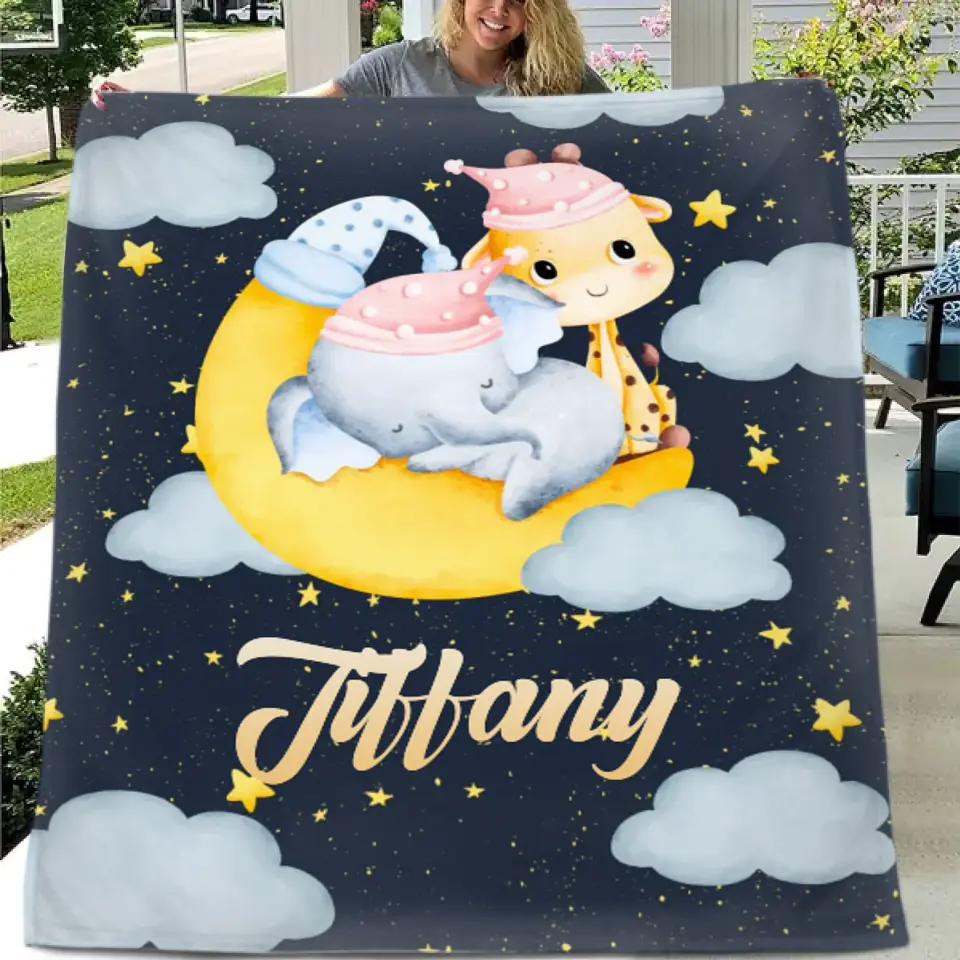 Personalized Elephant Giraffe Baby Name Blanket - Gift For Baby Toddler