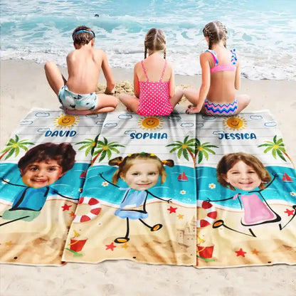 Custom Photo Playful Kids On The Beach Summer Vacation- Personalized Beach Towel