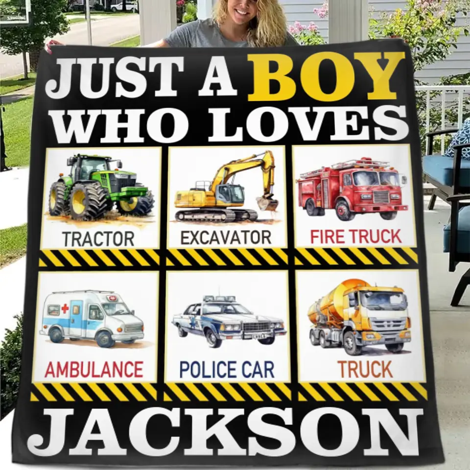 Six Truck Gift Blanket - with Names - Just A Boy Who Loves