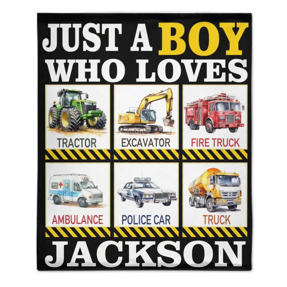 Six Truck Gift Blanket - with Names - Just A Boy Who Loves