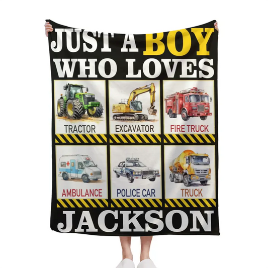 Six Truck Gift Blanket - with Names - Just A Boy Who Loves