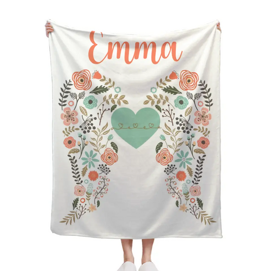 Personalized Angel Wings Baby Blanket, Custom Name Baby Blanket, Floral Heart Nursery Decor