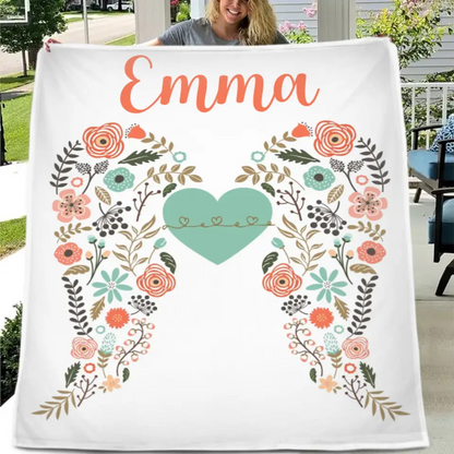 Personalized Angel Wings Baby Blanket, Custom Name Baby Blanket, Floral Heart Nursery Decor