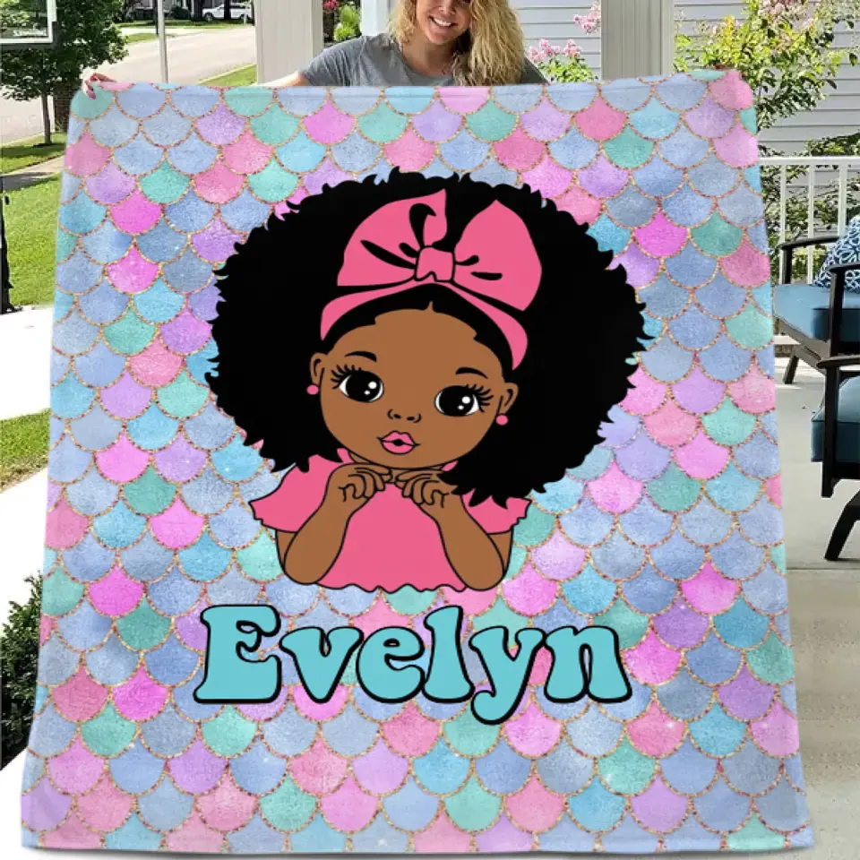 Customized Name Mermaid Pattern Black Baby Girl Blanket African Girl Birthday Gift Anniversary Gift