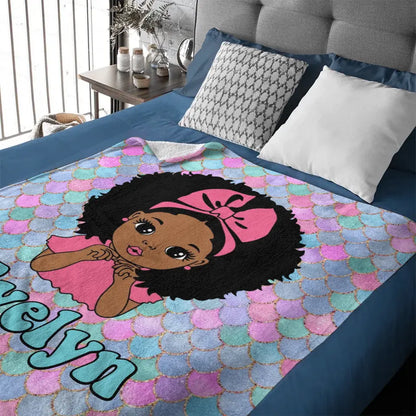 Customized Name Mermaid Pattern Black Baby Girl Blanket African Girl Birthday Gift Anniversary Gift