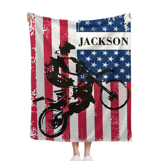 Personalized American Flag Motocross Custom Name Blanket