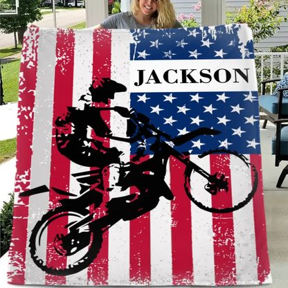 Personalized American Flag Motocross Custom Name Blanket