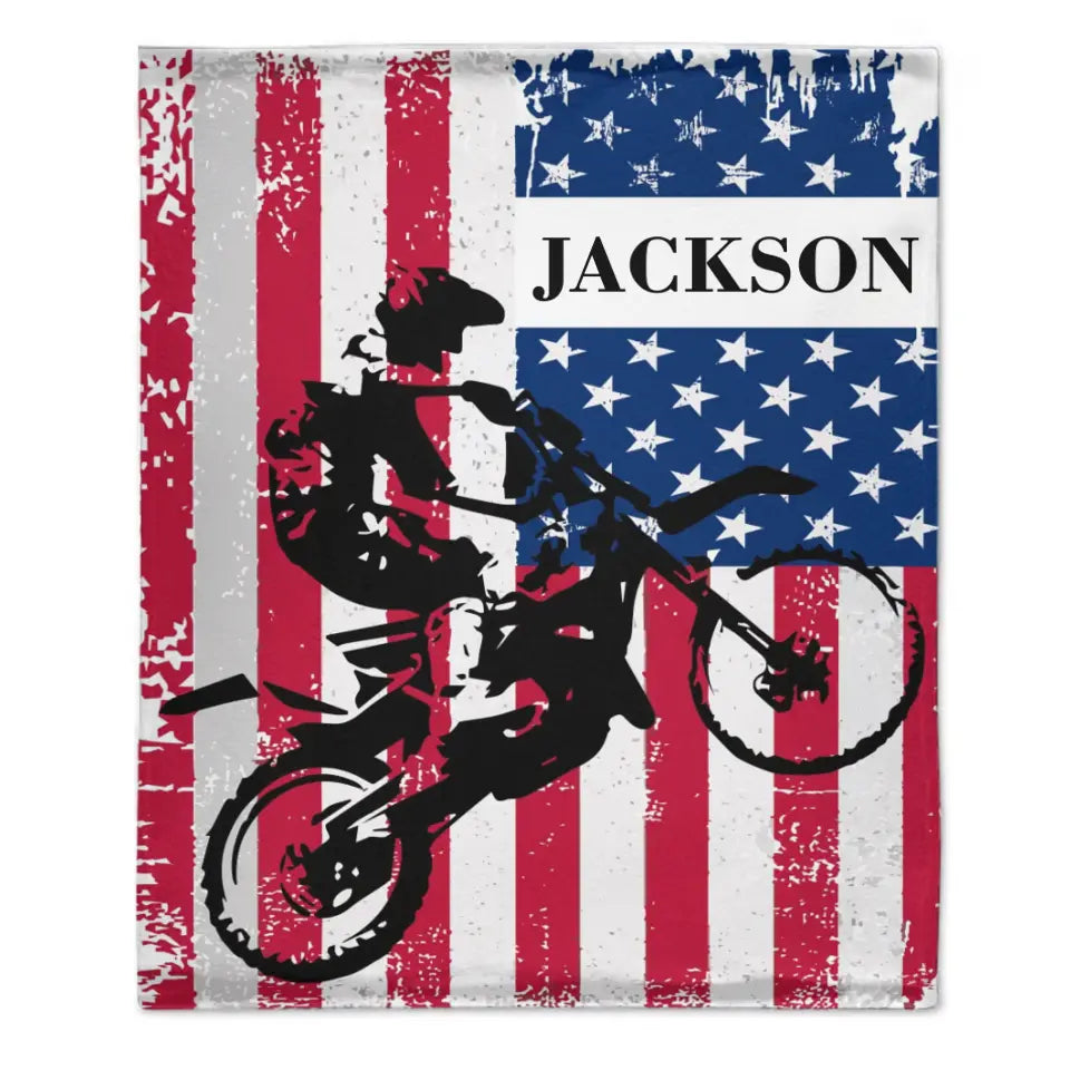 Personalized American Flag Motocross Custom Name Blanket