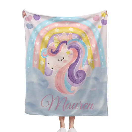 Personalized Baby Name Blanket With Rainbow Unicorn - Gift For Granddaughter