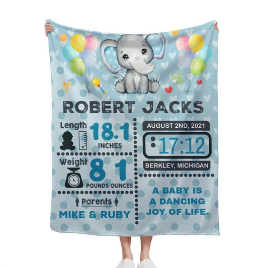 Personalized Baby Birth Stats Elephant Blanket for Boys Girls